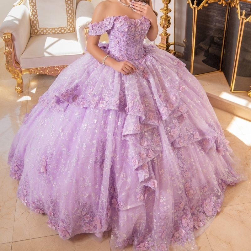 Lilac Sweet 16 Dress Quinceanera Dresses Off Shoulder Sequin Applique Lace Beads Crystal Bow Tull Vestidos De 15 Anos Ball Gowns