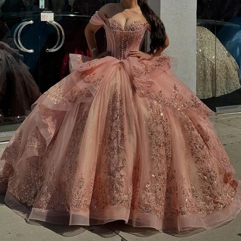 Pink Shiny Quinceanera Dresses Sweetheart Sequin Applique Lace Beads Crystal Tull Ball Gown Vestidos De 15 Anos XV Brithday Sweet 16 Dress
