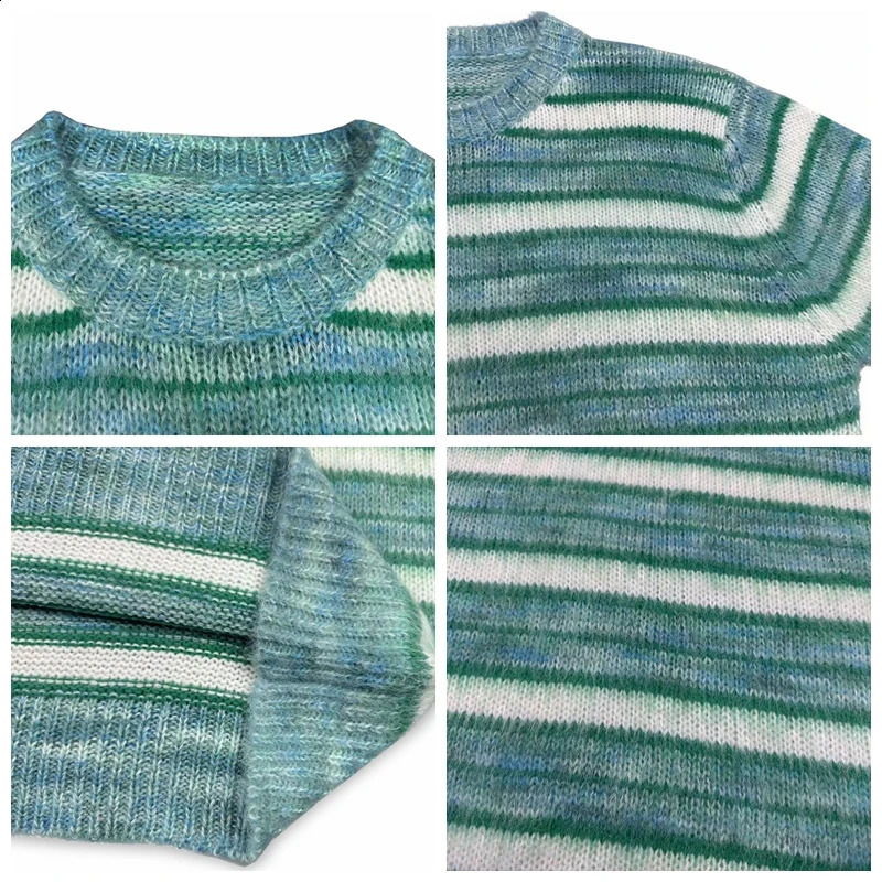 Korean fashion striped patch work Mohair knitted sweater retro mens oversized knitted sweater Y2k Harajuku womens round neck sweater 240924