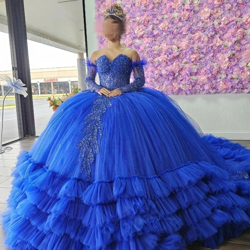 Royal Blue Sweetheart Luxury Long Sleeved Quinceanera Dresses Lace Beads Tull Tiered Ball Gown Charro Mexican Dress Vestidos De 15 Anos