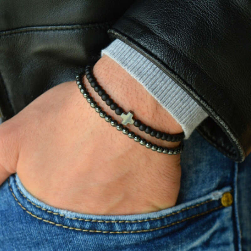 2024 Men's Pendant Black Hematite Cross Bracelet, 8mm Tiger Eye Stone Bracelet New Product