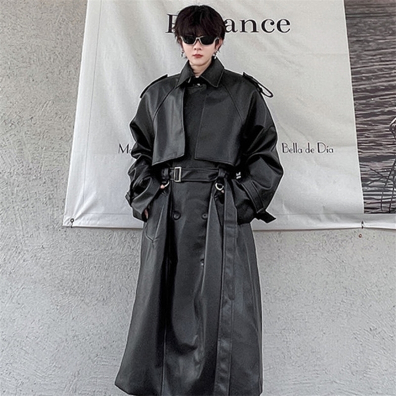 IEFB Mens Long Coat Mid Length Leather Trench Safari Style Niche Premium Streetwear Trend Male Pu Windbreakers 9C2027 240927