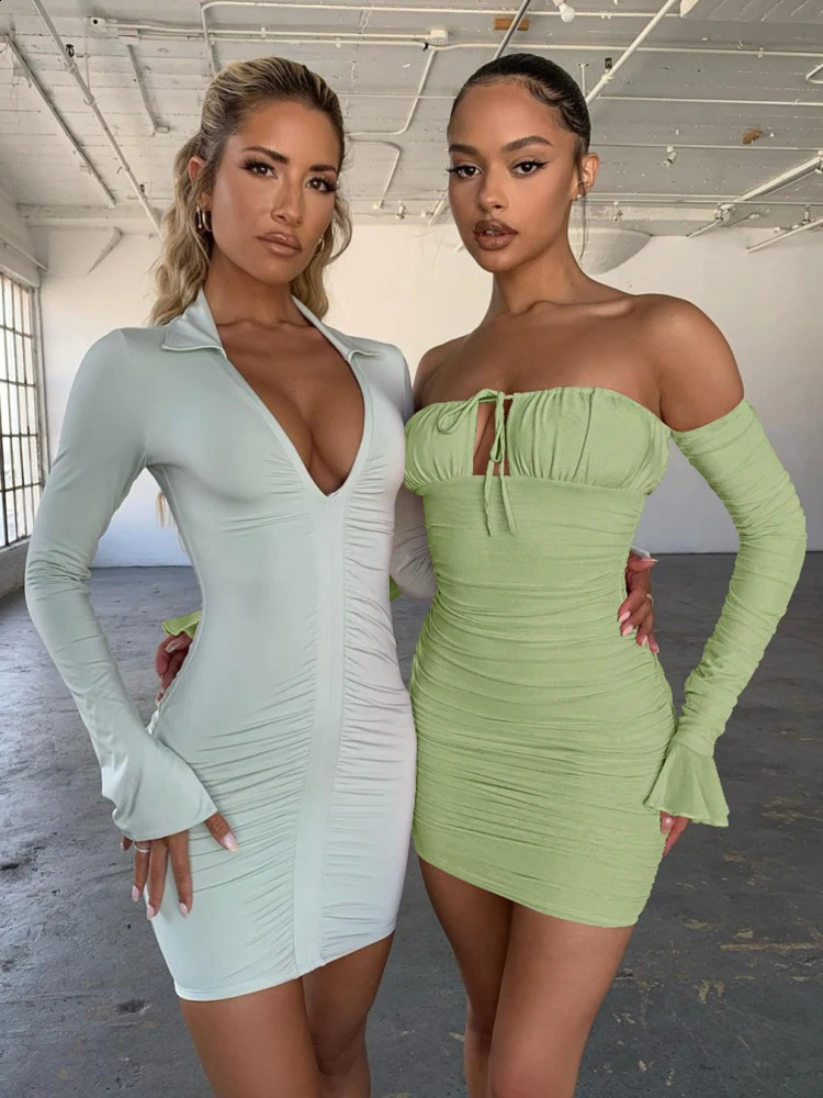 Sexy Boob Tube Top Lade up Push Up Long Sleeve Dress Flounce Sleep Bodycon Ruched Mini Dress Womens Off Shoulder Dress 240929