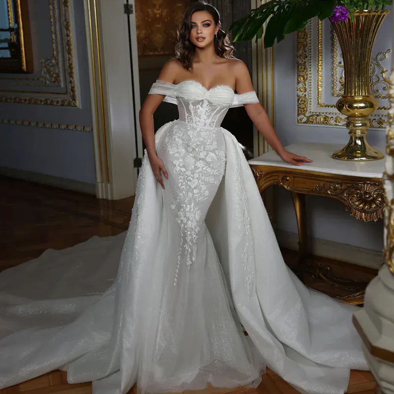 Plus Size Mermaid Wedding Dresses With Detachable Overskirts Train Off The Shoulder Beaded Pearls Bridal Gown Side Split Custom Made Robe de mariee