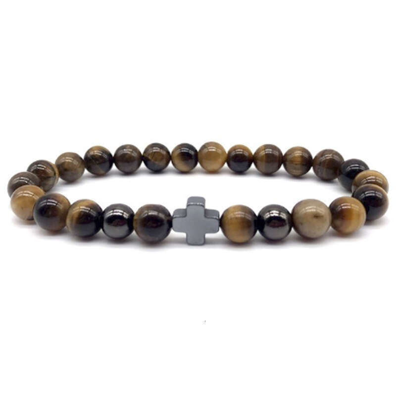 2024 Men's Pendant Black Hematite Cross Bracelet, 8mm Tiger Eye Stone Bracelet New Product