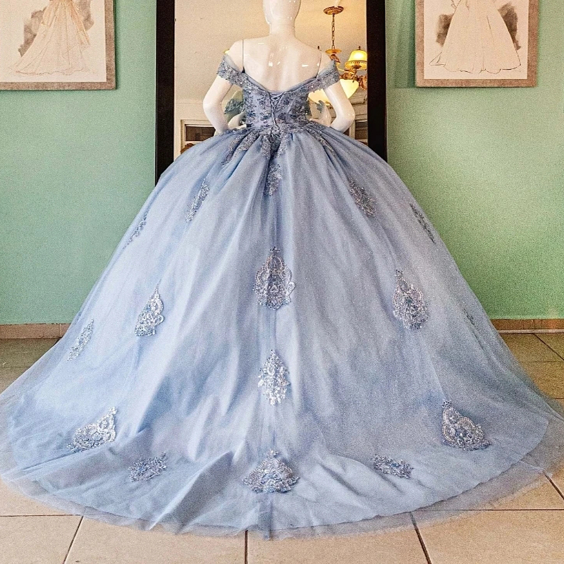 Grayish Blue Shiny Off The Shoulder Quinceanera Dresses Ball Gown Appliques Lace Beading Crystal Tull Sweet 15 Dress Vestidos De XV Anos