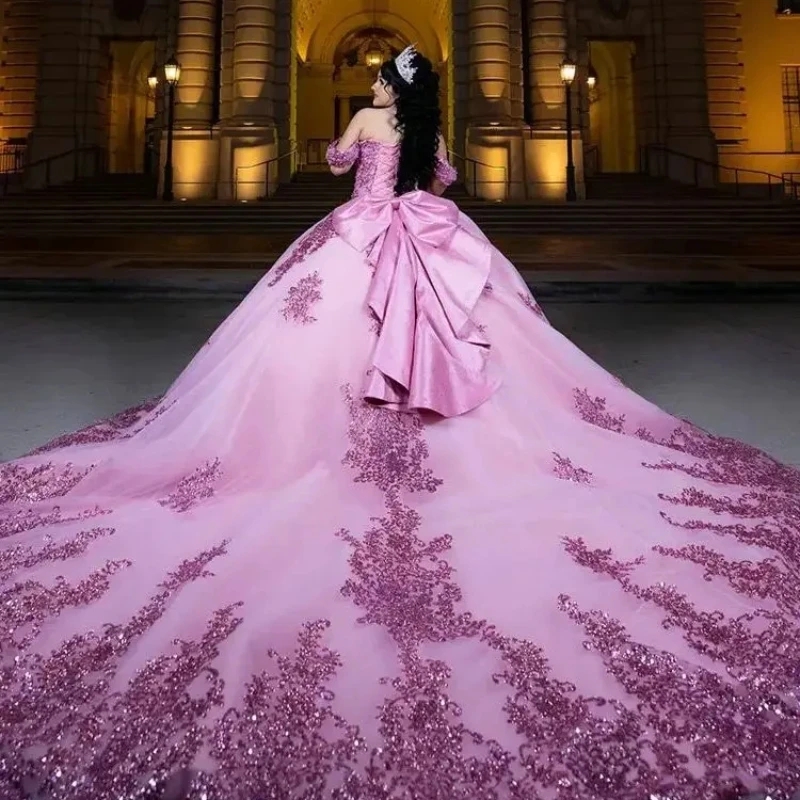 Pink Shiny Off The Shoulder Ball Gown Quinceanera Dresses Sequined Appliques Lace Pleat Bow Tull Corset Sweet 15 Vestidos 15 Anos