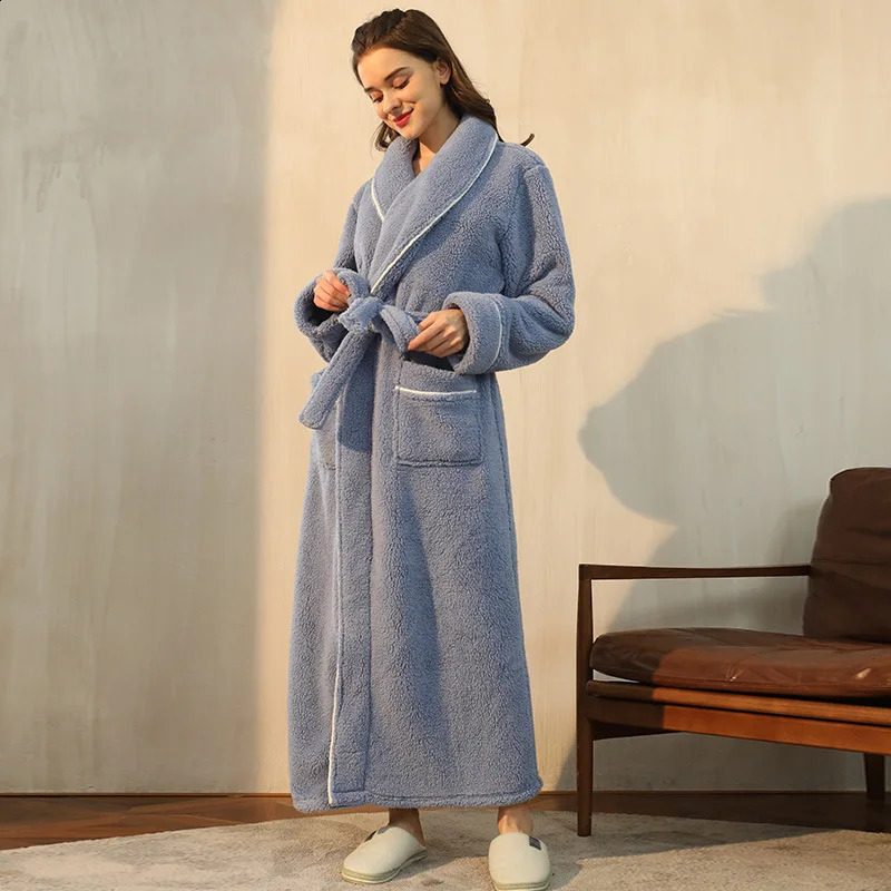 Womens winter extra long warm flannel yukata plus size thick coral fleece yukata couple spa dress mens comfortable pajamas 240929