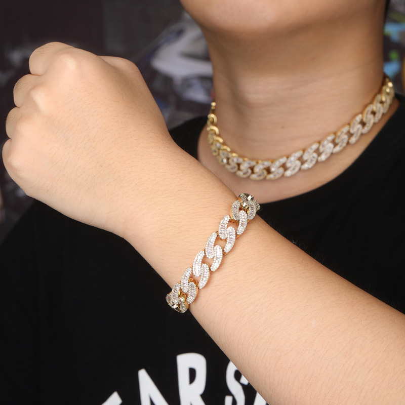 14mm Hip Hop T Cubic Zirconia Tennis Cuban Chain Necklace Bracelet 18k Real Gold Plated Mens Jewelry