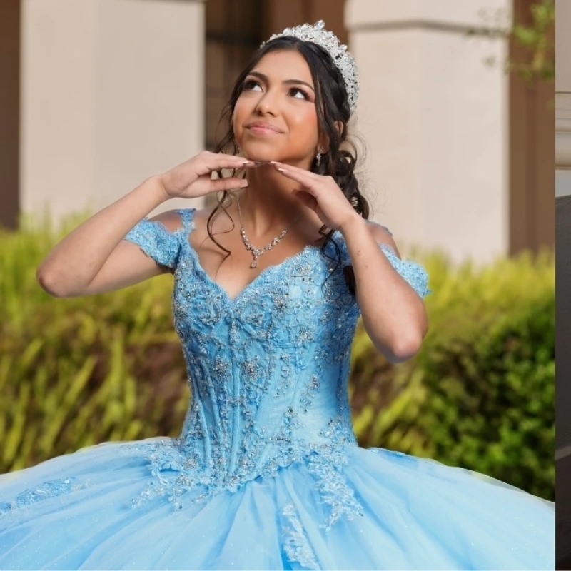 Luxury Sky Blue Quinceanera Dresses Off The Shoulder Lace Appliqued Crystal Tull Ball Gown Vestidos 15 De Anos Sweet 16 Dress