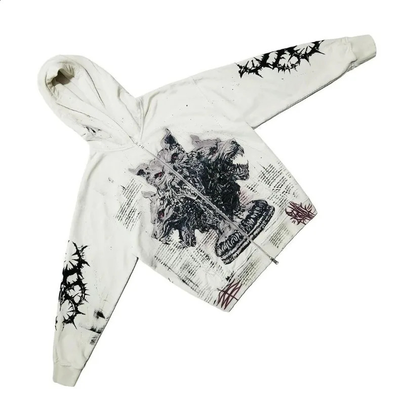 High Street Fashion Anime Graffiti Printed Zipper Hoodie Mens Y2k Harajuku Retro Casual Oversized Sweatshirt Womens 240927