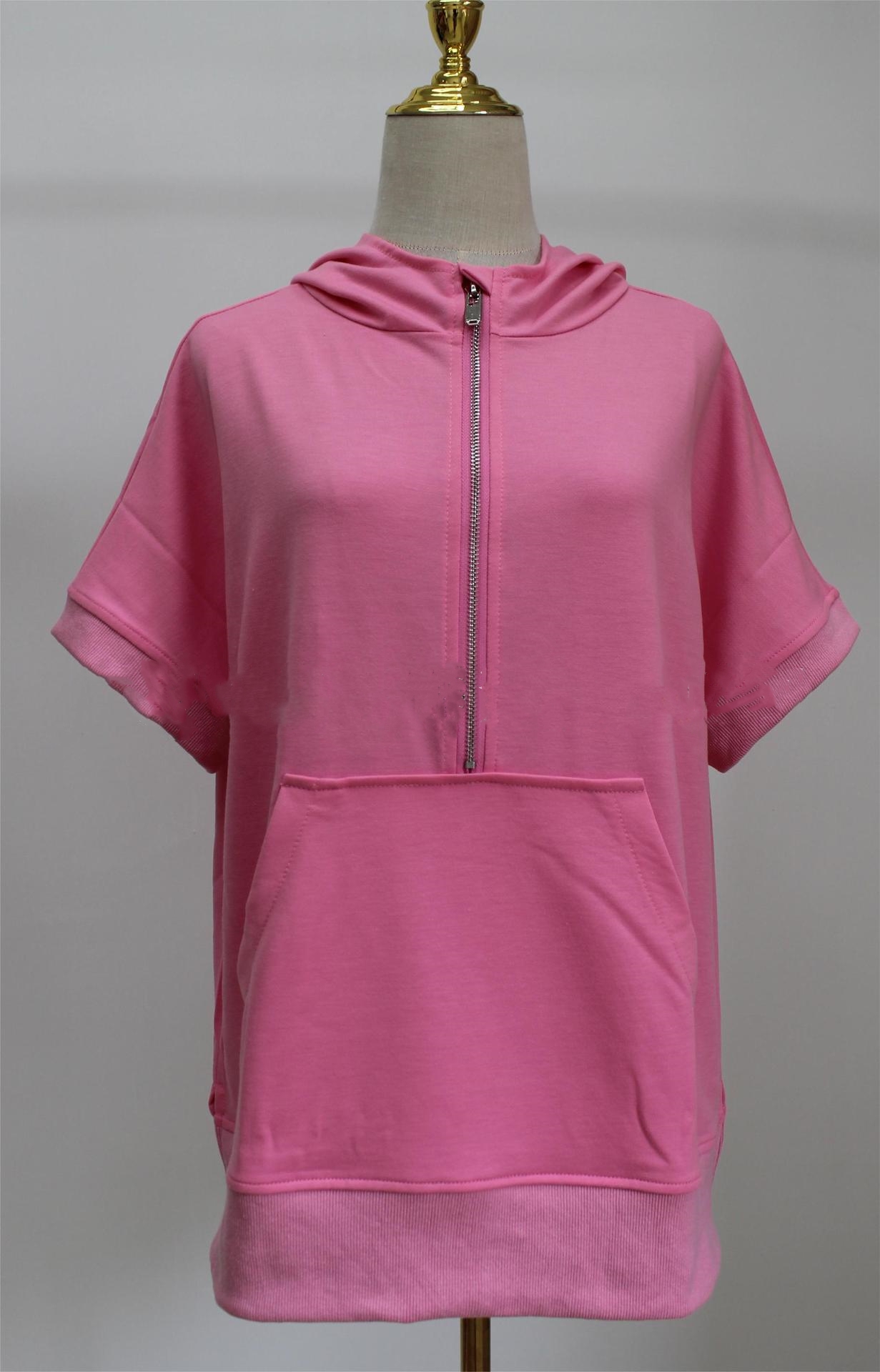 A576 Women Loose Top Solid Color Casual Short Sleeve Hooded Sweater Fiess Sweatshirt