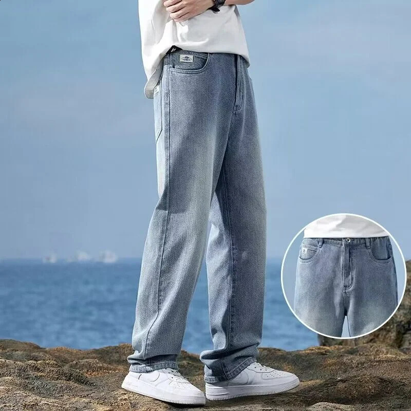 American retro street loose straight blue jeans mens button pocket casual breathable loose wide leg jeans 240926