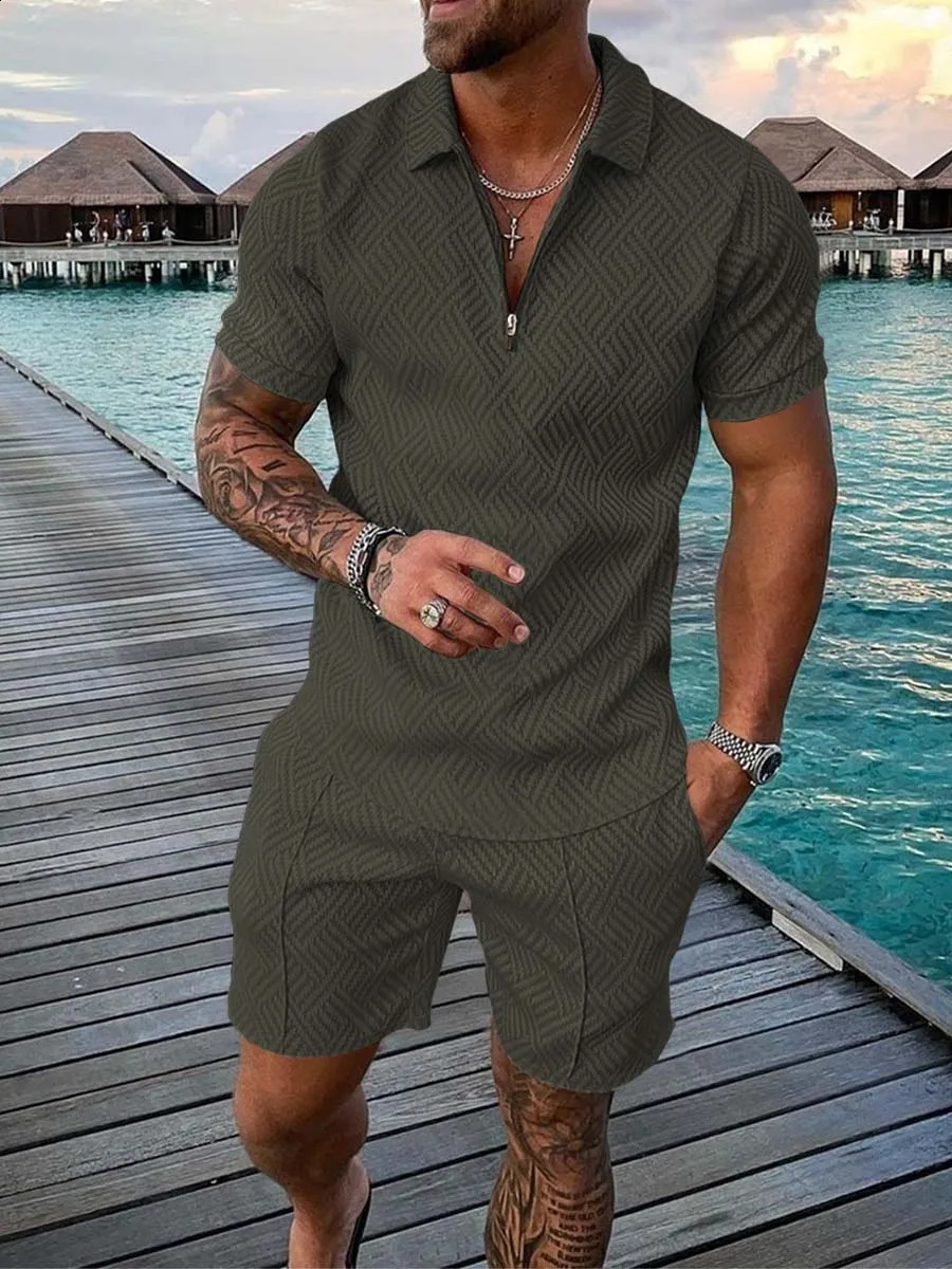 Summer fashion mens 3D printed solid color polo shirt and shorts 2-piece zipper tracking suit set oversized T-shirt set 240929