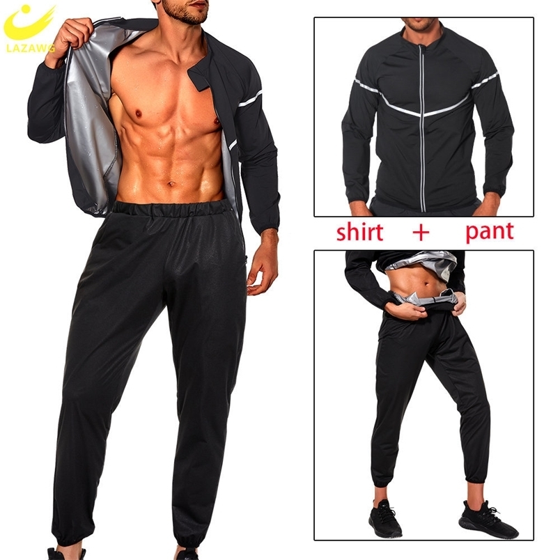 LAZAWG Mens Sauna Set Sweat Legs Pants Weight Loss Set Jacket Exercise Weight Loss Top Trousers Body Shaping Fat Gym 240927