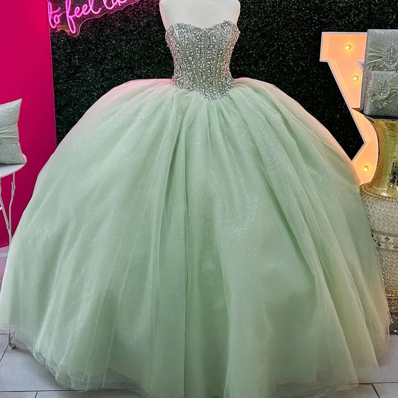 Sage Green Shiny Quinceanera Dress Off The Shoulder Beads Crystal Tull Mexican Vestidos De 15 Anos Princess Sweet 16 Birthday XV Ball Gown