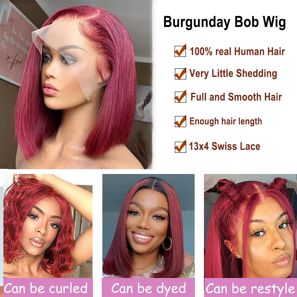 99j Burgundy Bob Wigs Human Hair 13x4 Lace Front Short Bob Wig Pre Plucked 180% Density Red Straight Bob Wig