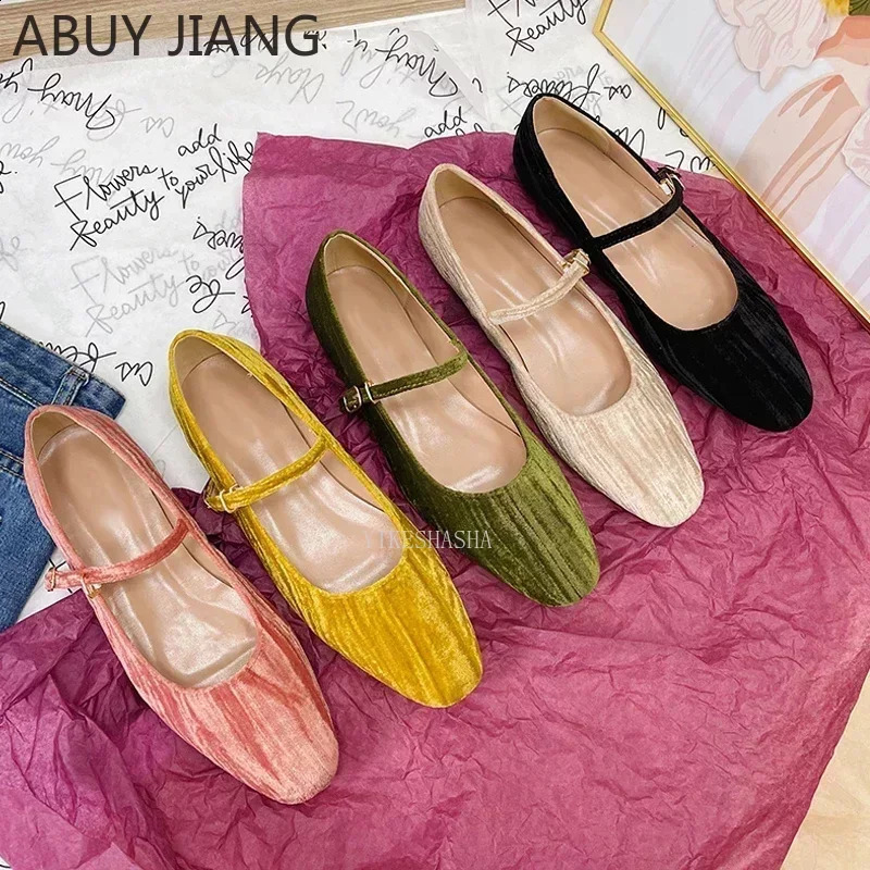 2024 Women Shoes Velvet Ballet Shoes Women Square Toe Flat Mary Janes Ladies Fashion Buckle Strap Velour Shallow Loafers 240926