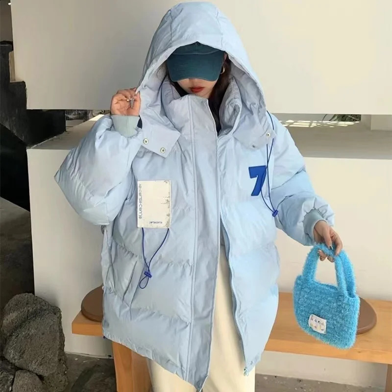 Womens white down jacket warm black hooded zipper winter Korean fashion casual windproof inflatable pad jacket top 240926