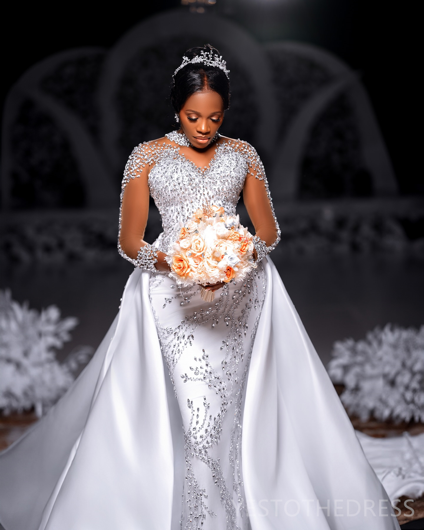 R&W 2024 Plus Size Dresses Bridal Bride With Detachable Train Mermaid High Neck Long Sleeves Beaded Lace Rhies Wedding Gowns For Black Women D319