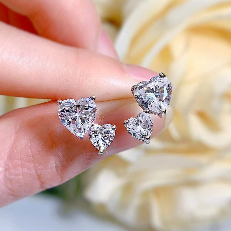 Double Heart Stud Earrings: 5A Cubic Zirconia Sterg Sier Jewelry for Women