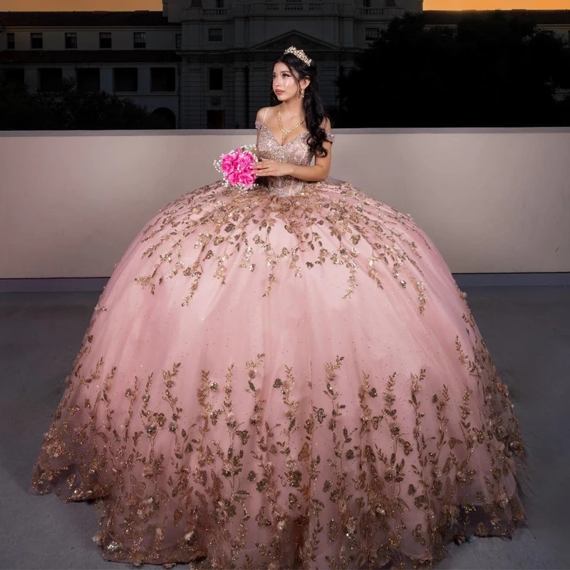 Quinceanera Pink Dresses Ball Gown Off The Shoulder Sequins Applique Lace Beaded Crystals Tull Mexico Sweet Dress Vestidos Anos D
