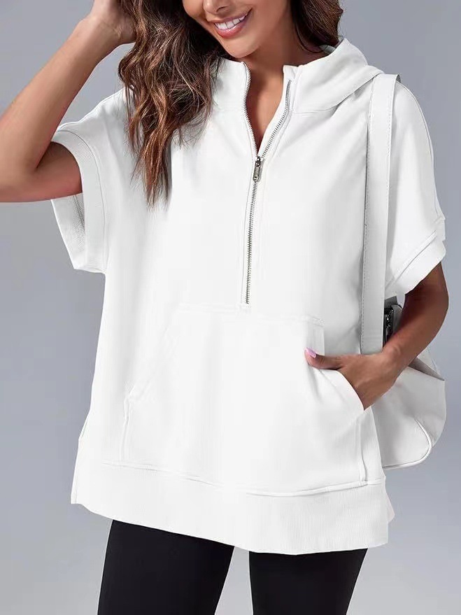 A576 Women Loose Top Solid Color Casual Short Sleeve Hooded Sweater Fiess Sweatshirt