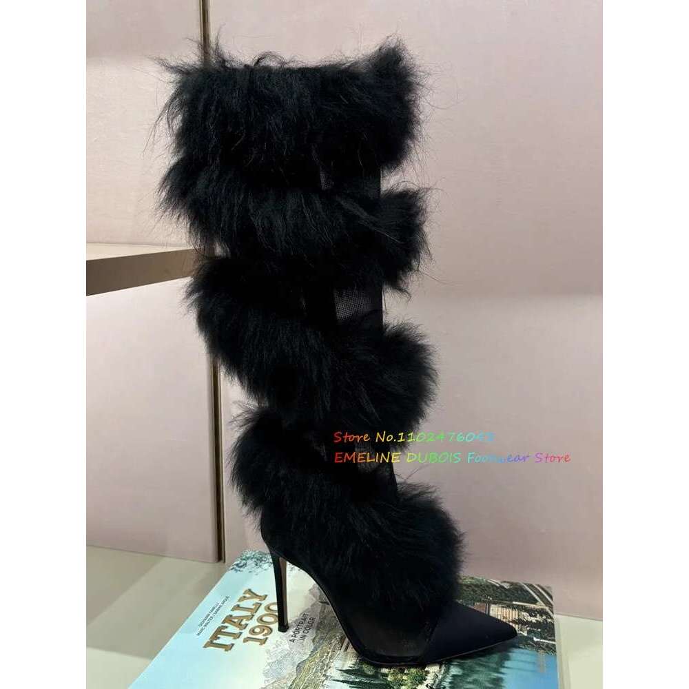 Women's Black Mesh Shearg Knee High Boots Pointed Toe Sexy Spicy Fur Wrapped Stiletto Heel Solid Color Long Boot
