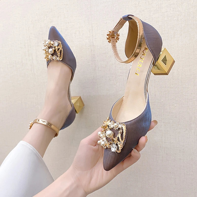 ZOKI Fashion Pearl Buckle Square High Heels Pump Womens Pointed Toe Bling Crystal Party Shoes Womens Elegant Med Heels Bridal Shoes 241223