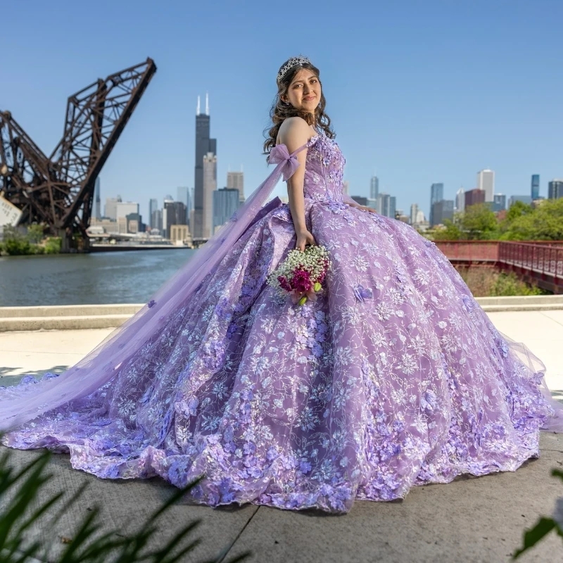 Lavender Shiny Quinceanera Dresses Ball Gown 3D Flower Sequin Applique Beaded Tull With Cape Mexican Corset Sweet 16 Vestidos De 15 Anos