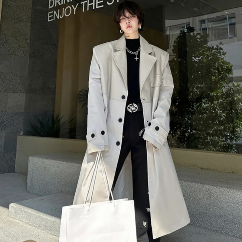 IEFB Korean Style Mens Trench Mid Length Loose Casual Single Breasted Patchwork Outerwear Male Winter Clothing 9C3591 240927