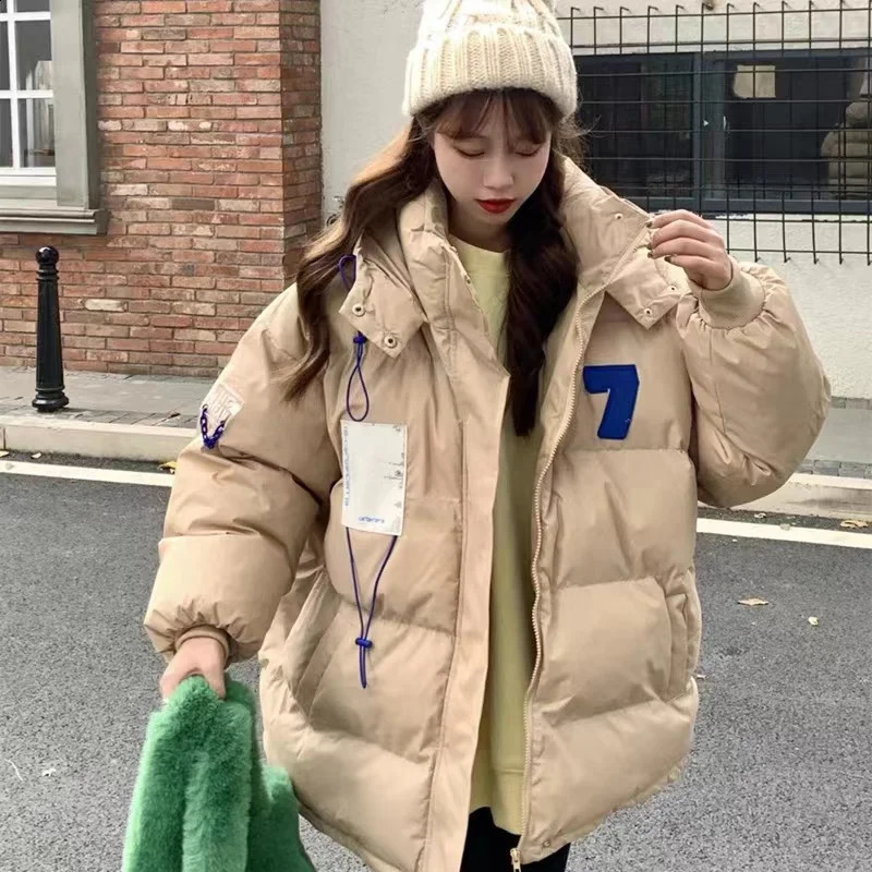 Womens white down jacket warm black hooded zipper winter Korean fashion casual windproof inflatable pad jacket top 240926