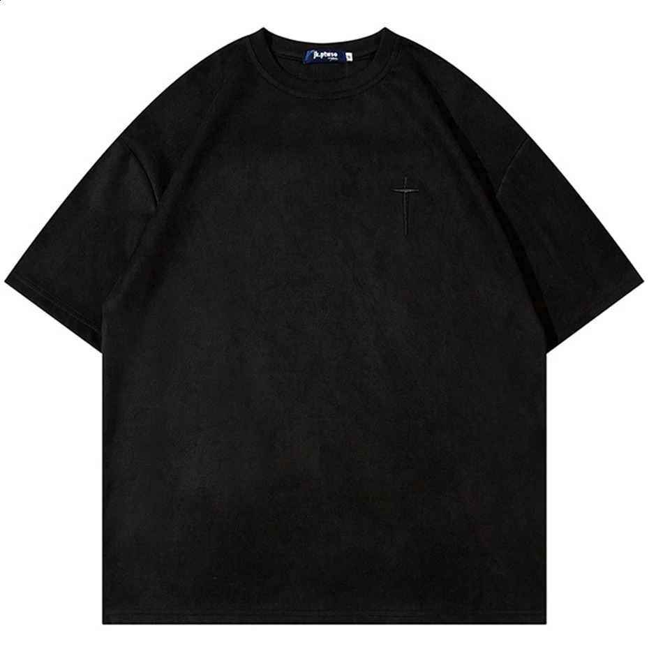 Hip Hop Suede T Shirts Letter Embroidery Oversized Harajuku Streetwear Tshirts Men Summer Loose Casual Tee Shirt Tops 240929