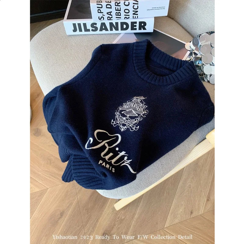 Letters Embroidery Pullover Sweater SpringSummer Womens Round Neck Long Sleeve Knitted Jumper Casual n Top 240929