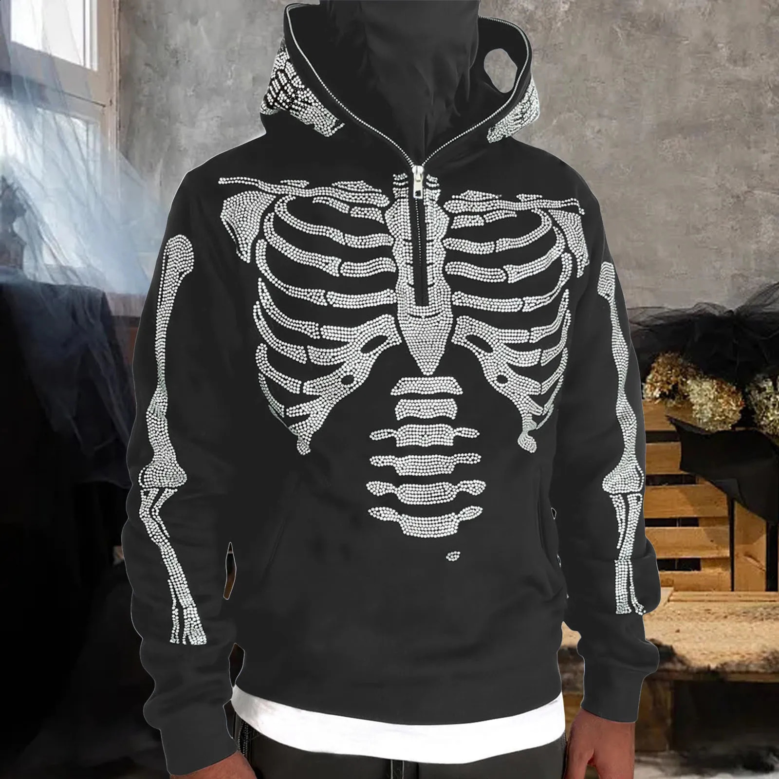 Y2k Rhinestone Skeleton Hoodie US Heavy Fashion Trend Clothing Harajuku Half Zipper Loose Couple Hoodie Roupa Masculina 240929