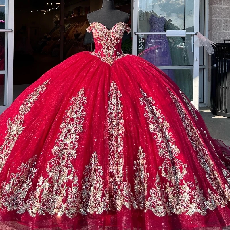 Shiny Red Quinceanera Gold Applique Beads Tull Lace Up Sweet Dress Vestidos De XV Anos Party Birthday Ball Gown D