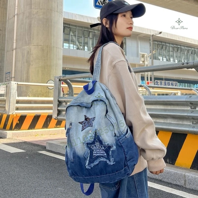 2025 NEW Y2K Korean Casual Denim Backpack Fashion Star Pattern Large Capacity Student Schoolbag Vintage Punk Travel Book Bag 240921 zhanyishengli