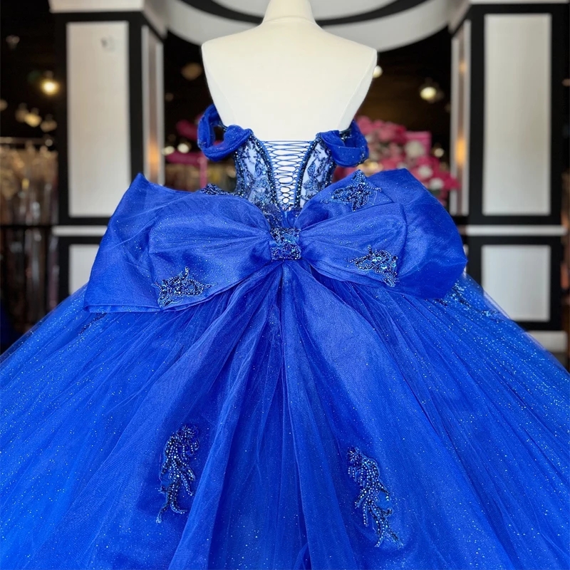 Royal Blue Quinceanera Dresses Off The Shoulder Lace Beads Bow Tull Tiered Birthday Party Prom Gowns Princess Sweet 16 Dress Vestidos De 15 Anos