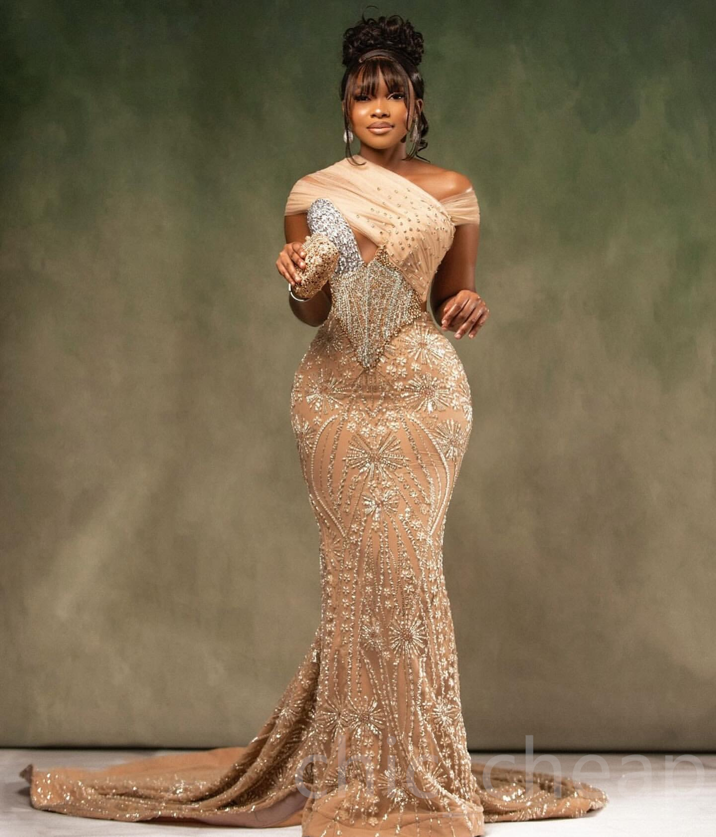Aso Ebi 2024 Champagne Illusion Mermaid Prom Dresses Rhinestones Sequined Lace Evening Formal Party Second Reception Birthday Gowns Dress For Special 