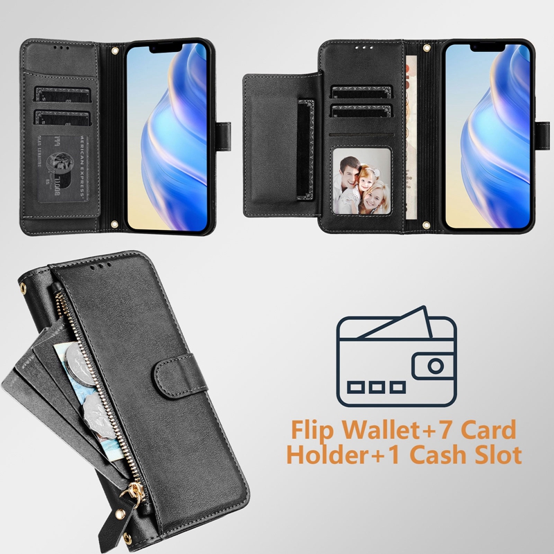 Multi-function 7 Card Slots PU Leather Wallet Cases For Iphone 17 Air 16 Plus 15 14 Pro Max 13 12 11 X XS XR Zipper Cash Coin Pocket Holder Flip Cover