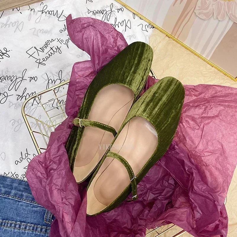 2024 Women Shoes Velvet Ballet Shoes Women Square Toe Flat Mary Janes Ladies Fashion Buckle Strap Velour Shallow Loafers 240926
