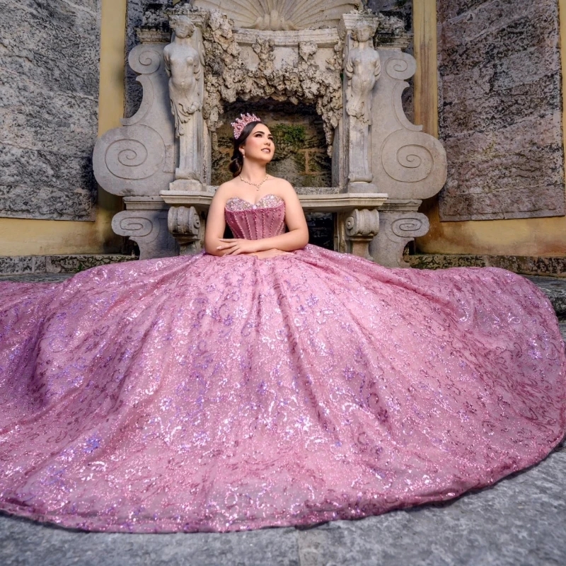 Pink Sweetheart Quinceanera Dresses Ball Gown Off The Shoulder Tulle Sequin Lace Beads Crystal Puffy Mexican Sweet 16 Dress Vestido De 15 Anos