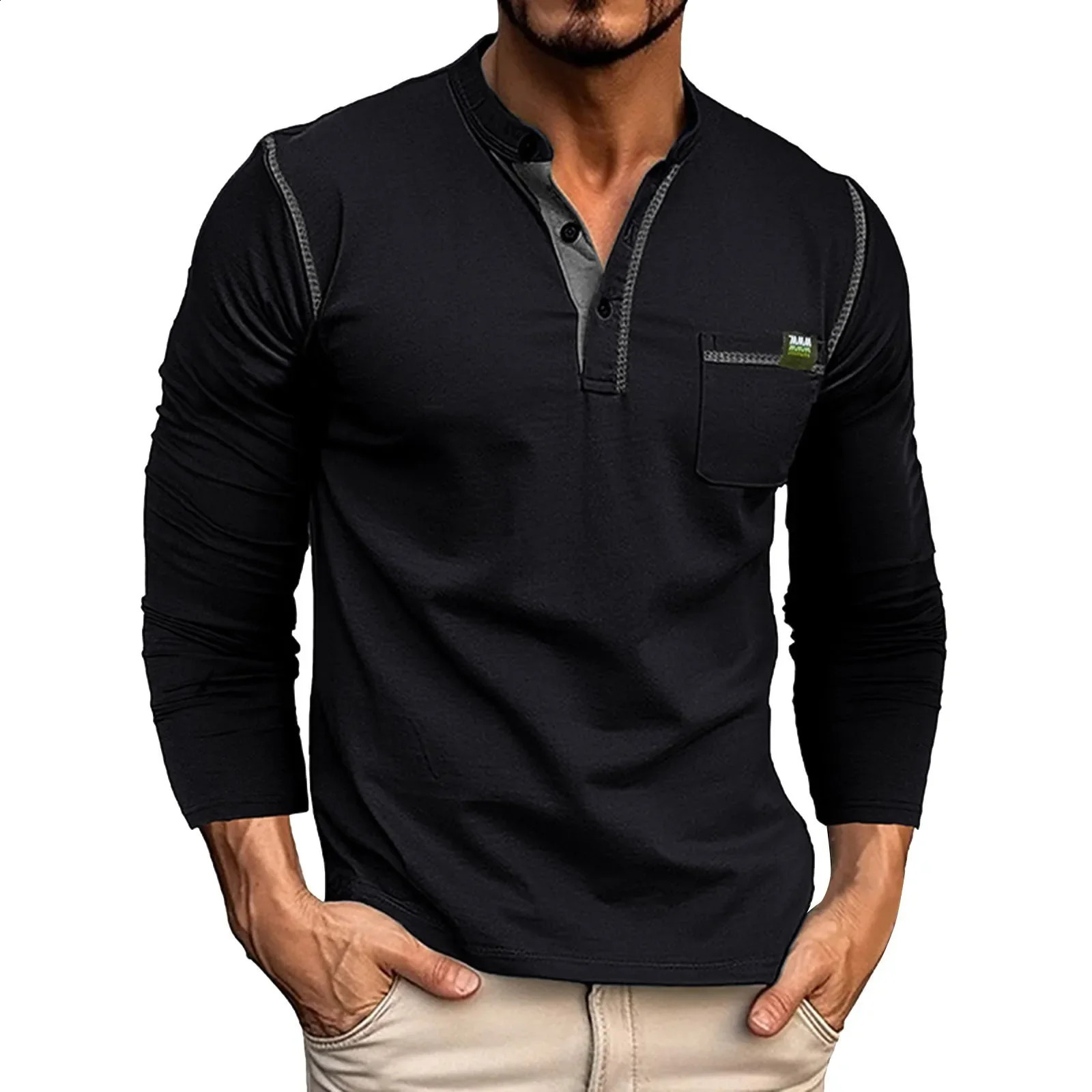 Mens Spring/Summer Long Sleeve Solid Pocket Polo Shirt with Alphabet Stripe Splicing Raglan Sleeve Top with Triple Zipper T-shirt 240929CJ