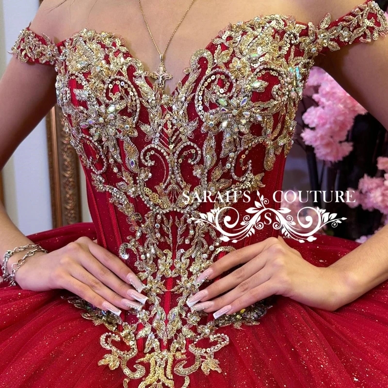 Red Quinceanera Dresses Ball Gown Off The Shoulder Gold Lace Applique Beaded Crystal Tull Corset Sweet 16 Dress Vestido De 15 Anos