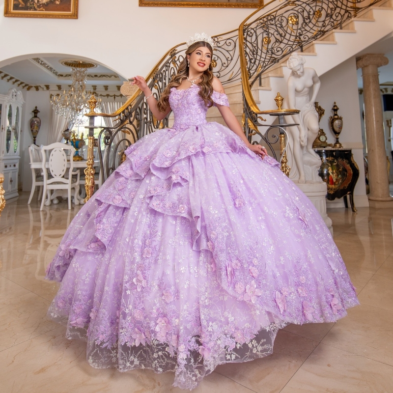 Lilac Sweet 16 Dress Quinceanera Dresses Off Shoulder Sequin Applique Lace Beads Crystal Bow Tull Vestidos De 15 Anos Ball Gowns