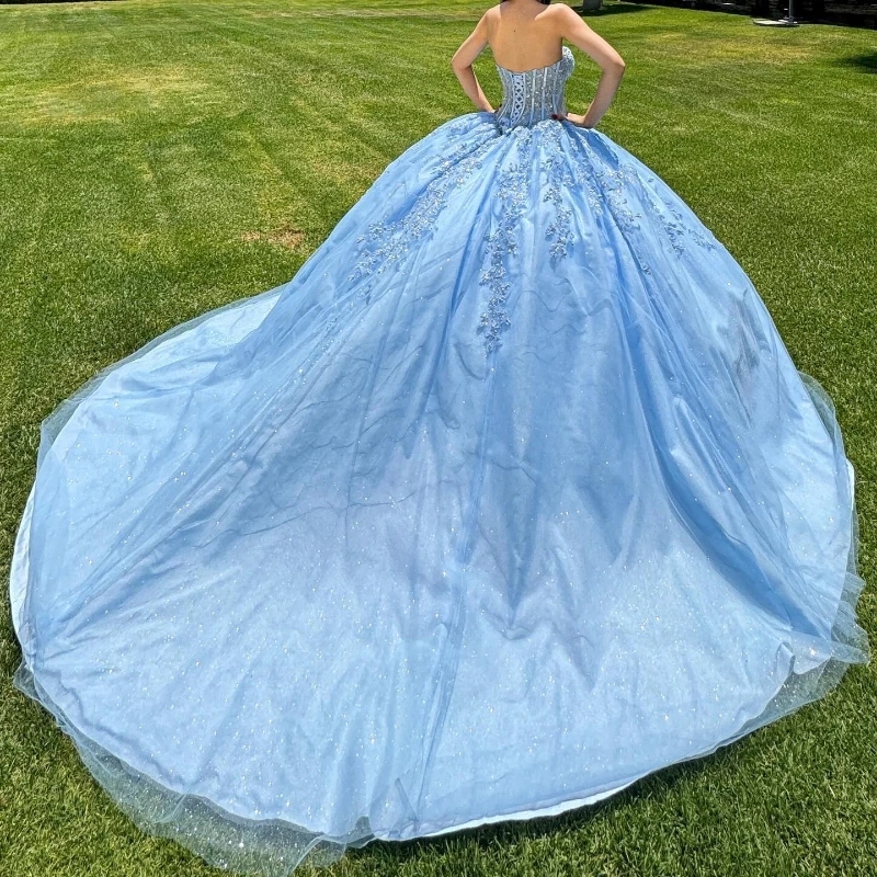 Sky Blue Shiny Princess Quinceanera Dresses Ball Gown Off The Shoulder Lace Applique Beading Tull Corset Sweet 16 Dress Vestido 15 De Anos