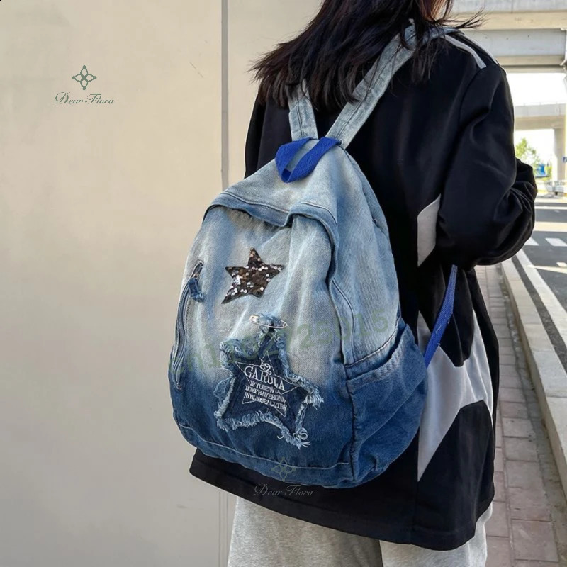2025 NEW Y2K Korean Casual Denim Backpack Fashion Star Pattern Large Capacity Student Schoolbag Vintage Punk Travel Book Bag 240921 zhanyishengli