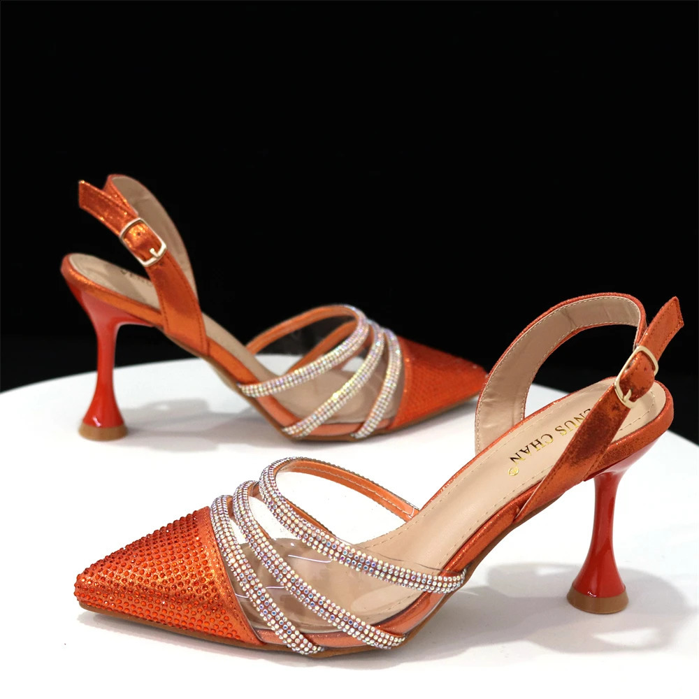 Chan Latest INS Style Orange Elegant High Heels Nigerian African Womens Shoes and Bag Set 240926