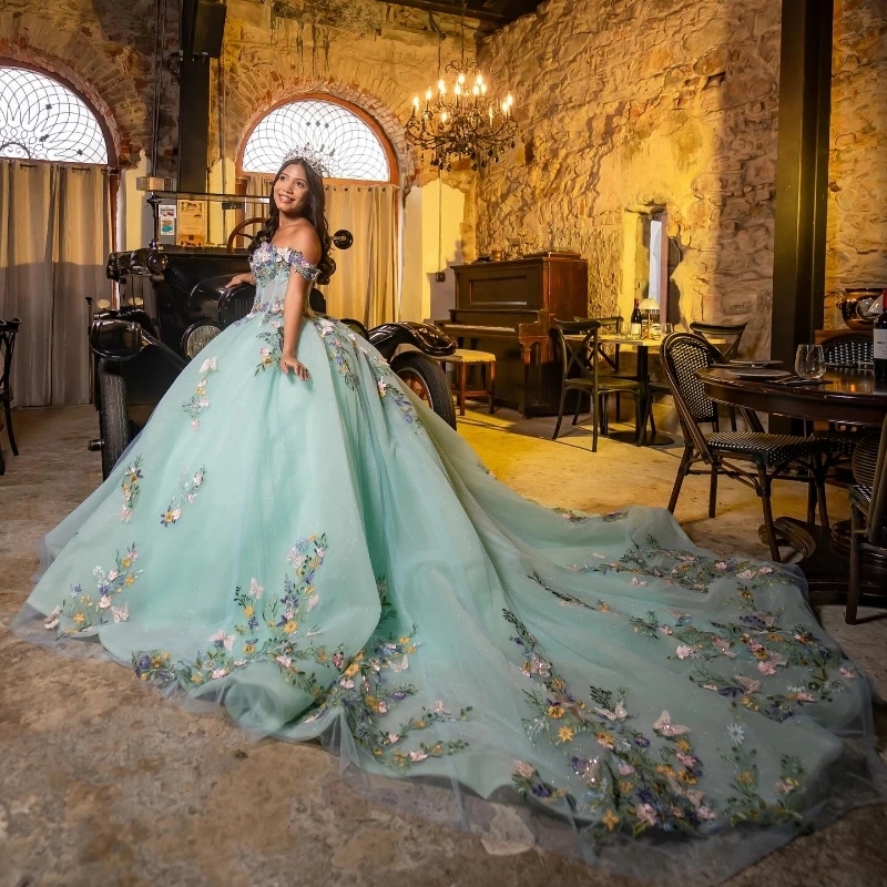 Mint Green Sparkle Princess Quinceanera Dresses Off The Shoulder Appliqued Bow Tull Vestidos De 15 Quinceanera Off Shoulder Sweet 16 Dress