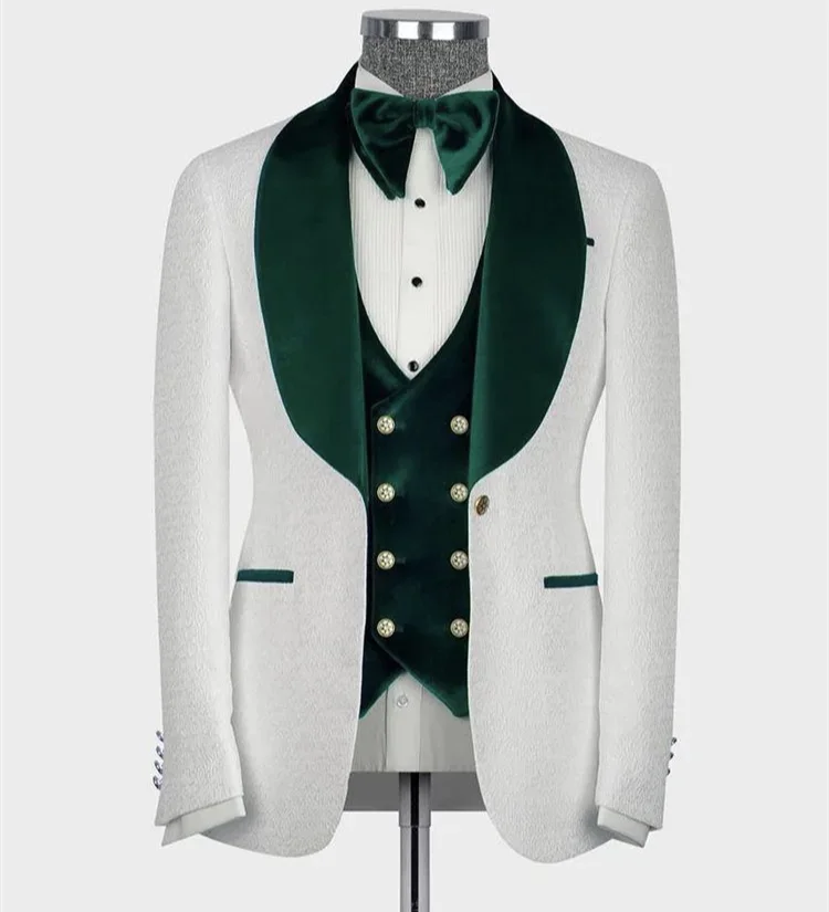 Floral Pattern Men Suits For Wedding With Green Velvet Shawl Lapel Groom Tuxedo 3 Pcs Slim Fit Blazer (Jacket+Pants + Vest) 2024